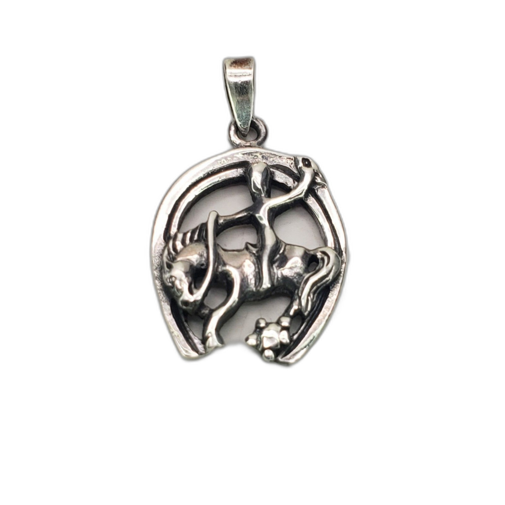 Rodeo Cowboy Pendant Equestrian Horse Rider Horseshoe 925 Sterling Silver 3.5gr